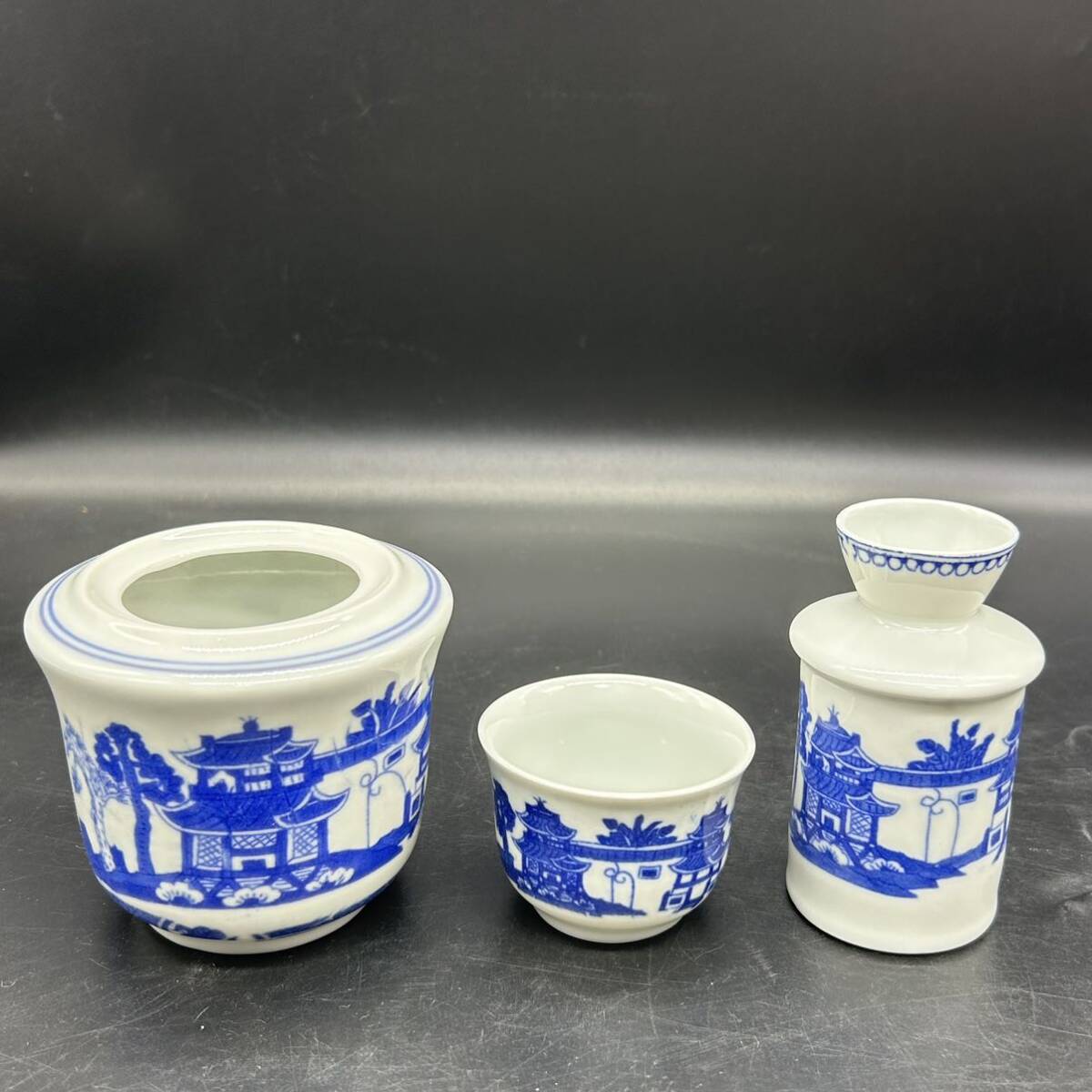 中国美術酒器　景徳鎮染付酒器セツト 中国美術 おちょこ+徳利+温酒器 お猪口 ぐい呑み 寒山寺 景徳鎮製 磁器