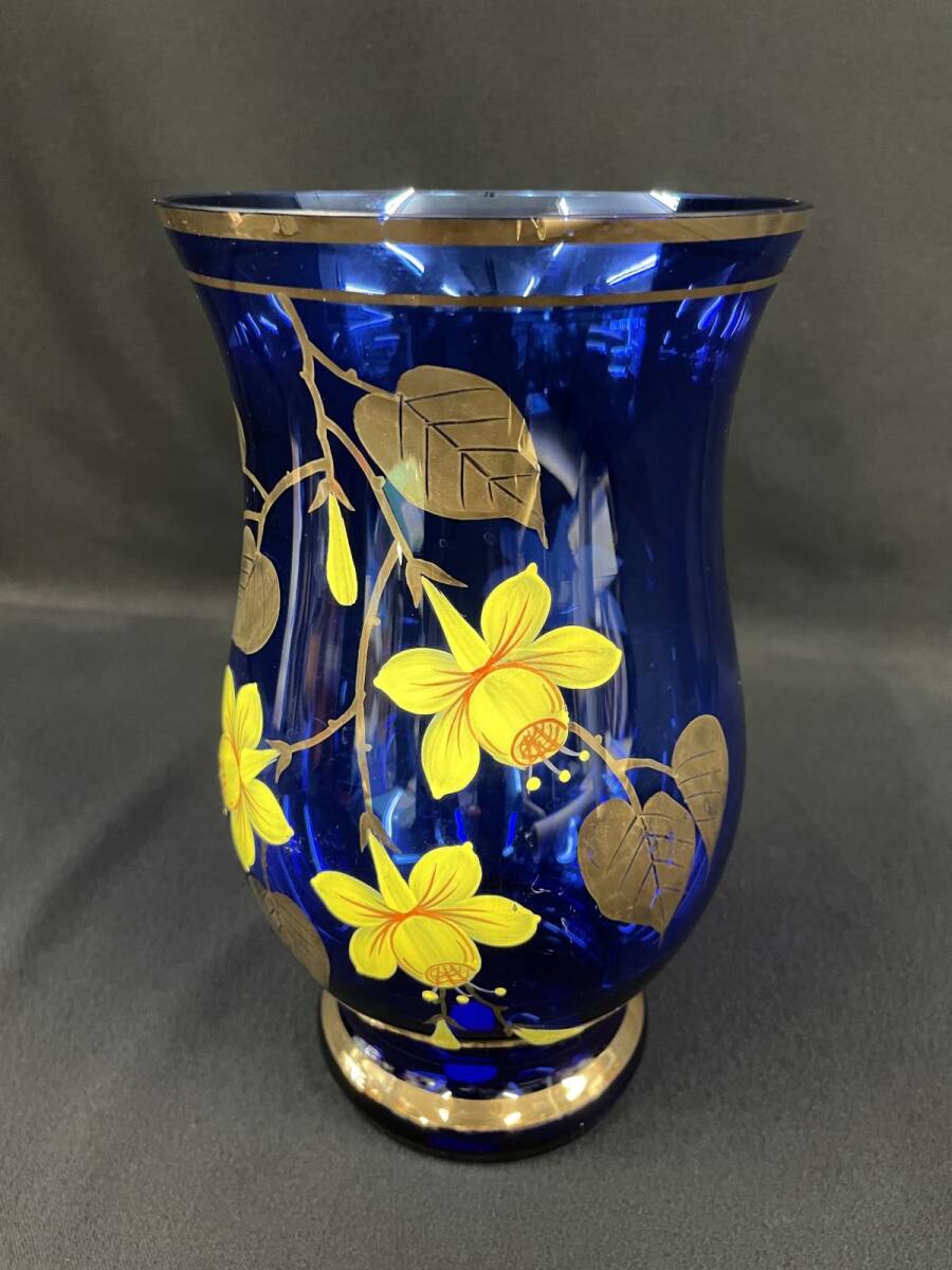 T449 【BOHEMIA ボヘミア ガラス 花瓶 フラワーベース blue vase