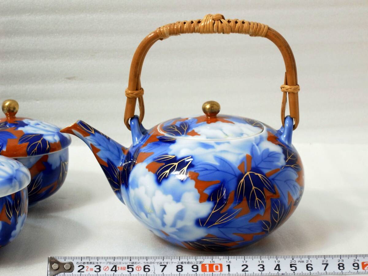 15◎オールド 深川製磁 色絵金彩 振牡丹外赤 蓋付碗5客 茶注揃 美品