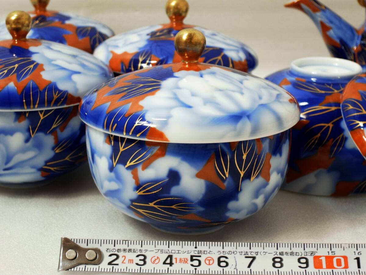 15◎オールド 深川製磁 色絵金彩 振牡丹外赤 蓋付碗5客 茶注揃 美品