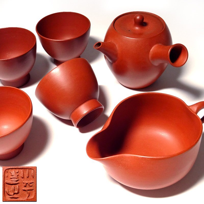 花◇佐渡の名工【三浦小平】作 無名異焼 茶器(急須・湯冷まし・煎茶碗4