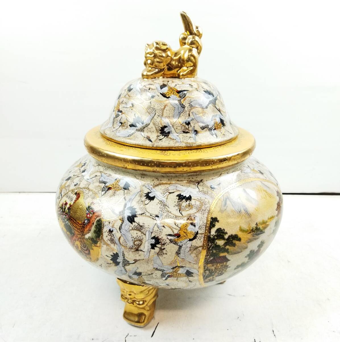 P965】☆中古・保管品☆栄盛窯 瀧山作 飾り壺 金襴手 群鶴文様 陶器 壺