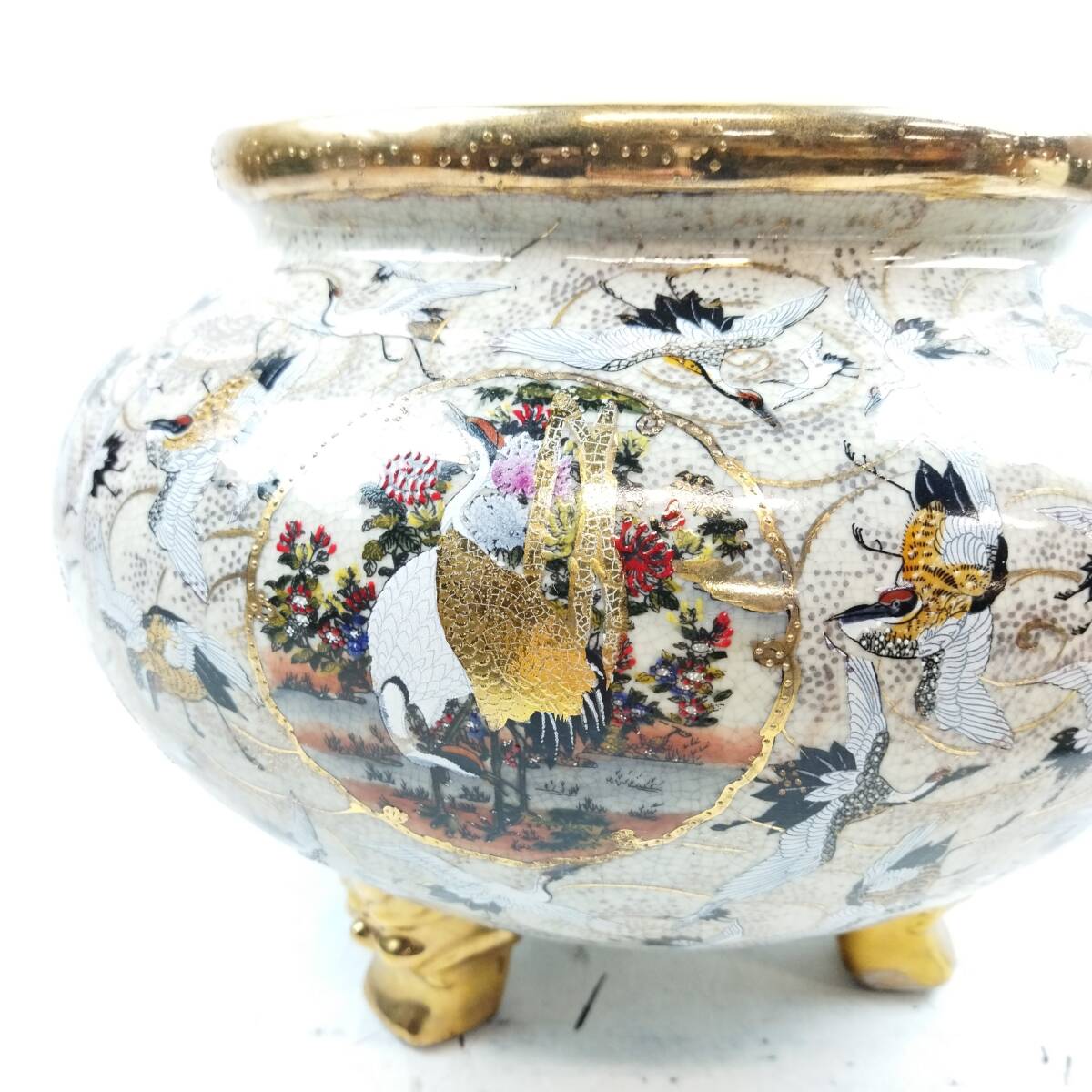 P965】☆中古・保管品☆栄盛窯 瀧山作 飾り壺 金襴手 群鶴文様 陶器 壺