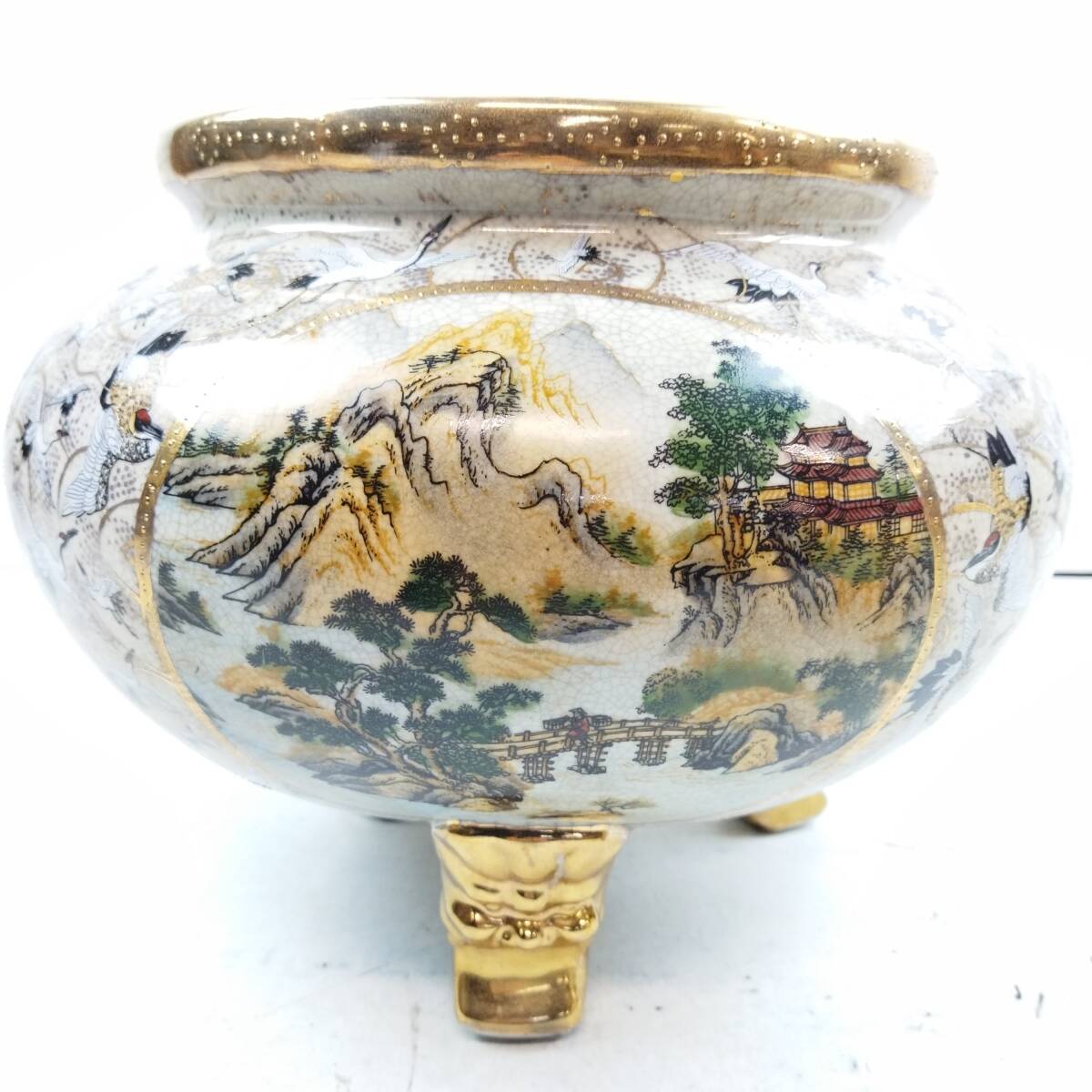 P965】☆中古・保管品☆栄盛窯 瀧山作 飾り壺 金襴手 群鶴文様 陶器 壺