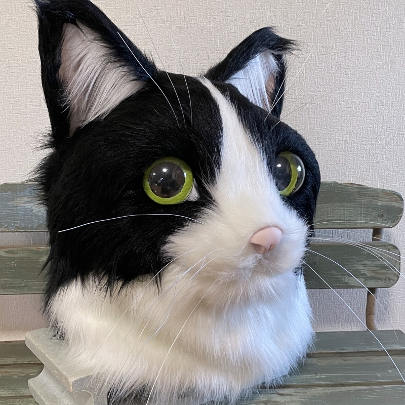 ハチワレ猫 被り物 着ぐるみ 頭 猫 口動く コスプレ かわいい 白黒 