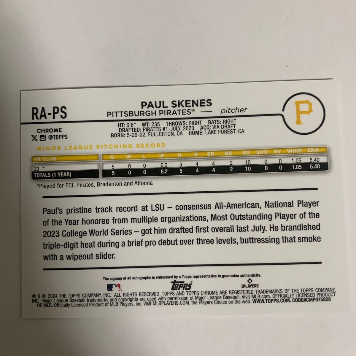 Topps Chrome update PAUL SKENES Auto RC 【公式通販】