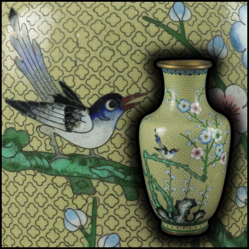 時代物 唐物 景泰藍 銅胎七宝 梅樹鶯 花鳥図 花瓶 / 中国美術 銅製