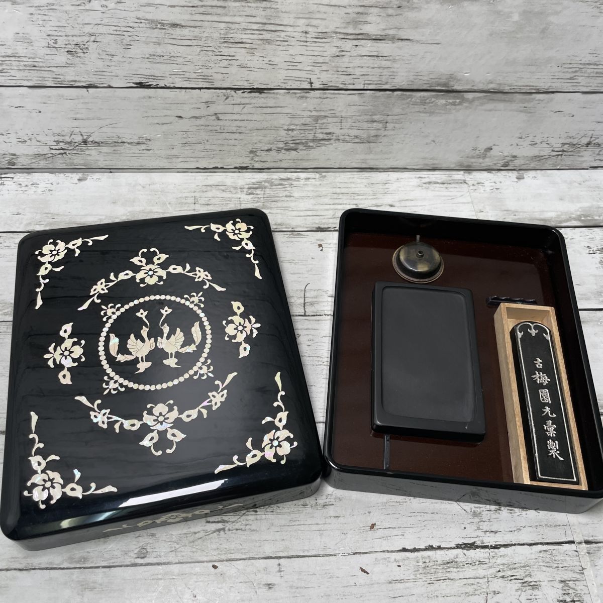 UV328 螺鈿細工 書道具 硯箱 未使用 公式通販 天平文様 木 縦24.5cm