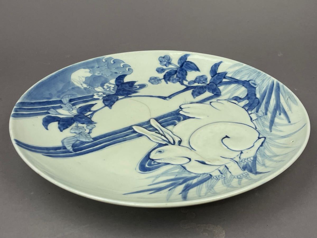 古伊万里うさぎ図大皿 古伊万里 染付 兎図 盛上絵付 大皿 直径31.5㎝ 時代品 本時代 初期