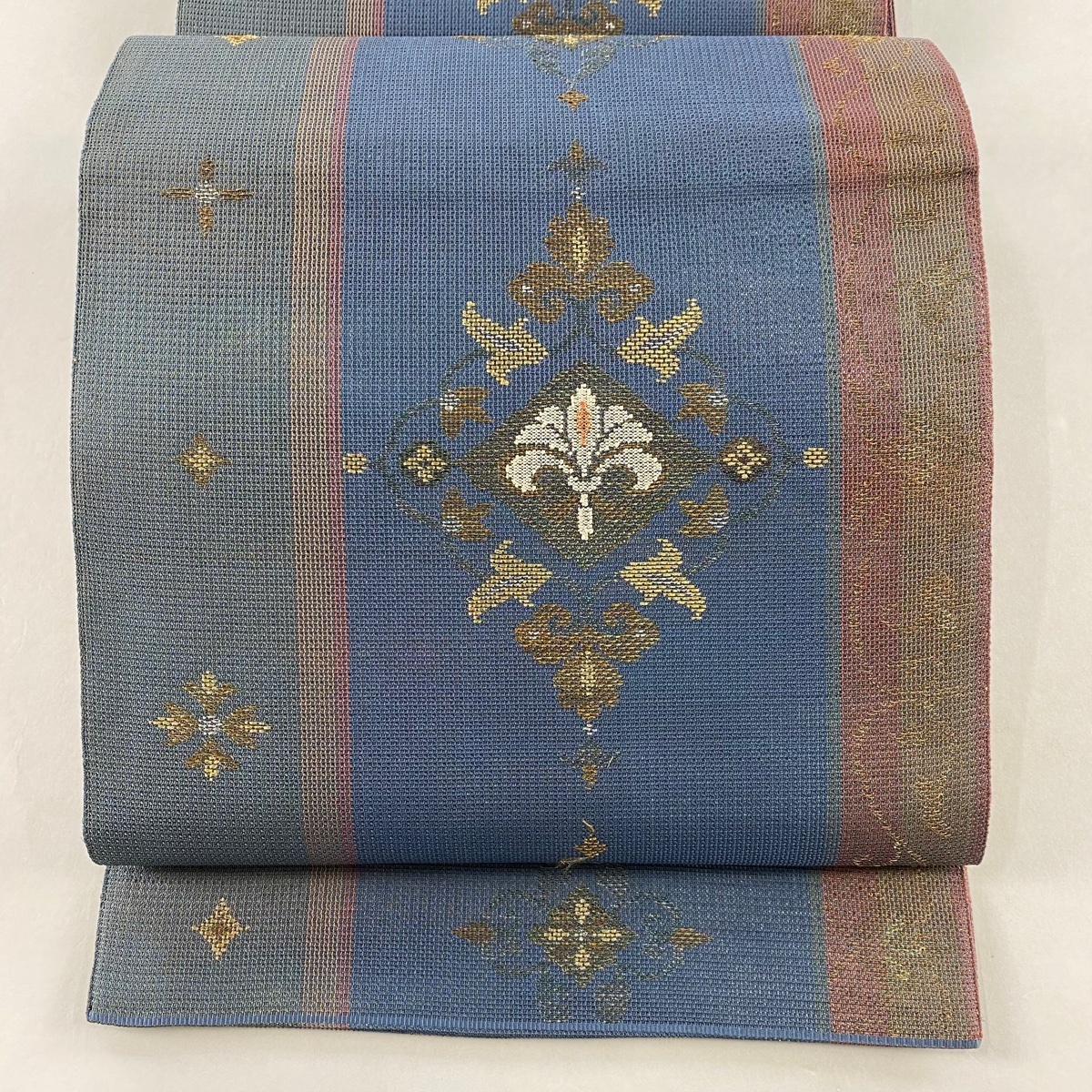 袋帯 秀品 関西仕立て 菱 花 金銀糸 青灰色 六通 正絹 【中古】 【公式 