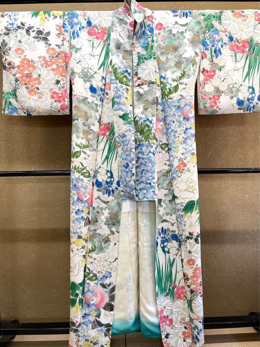 アンティーク着物◇百花繚乱 縮緬 小紋 藤 椿 三越扱い 正絹 きもの