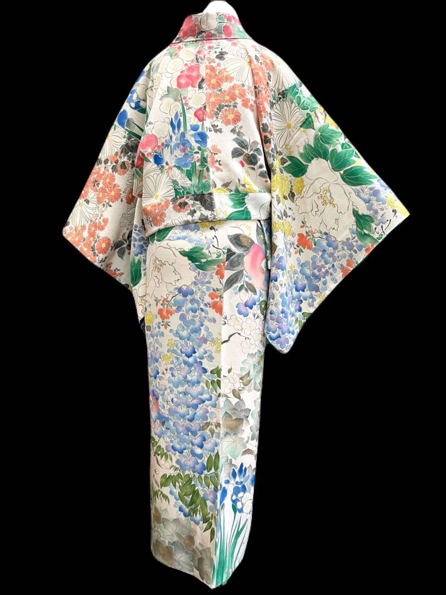 アンティーク着物◇百花繚乱 縮緬 小紋 藤 椿 三越扱い 正絹 きもの