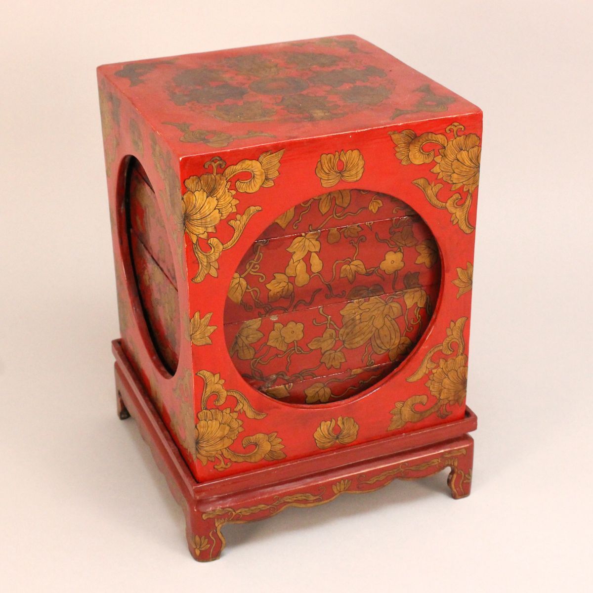 020780]時代 琉球漆器 朱塗金蒔絵四段重箱 ◇唐物/漆器/漆芸/古道具/古