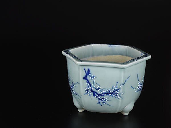 加】25e 青磁 外縁 梅図 六角鉢 高さ約23cm / 植木鉢 盆栽 盆栽鉢(鉢