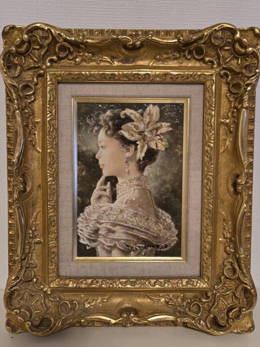 真作 日高康志「想」油彩 SM 共シール 美人名画 肉筆 師:宮永岳彦 宮永