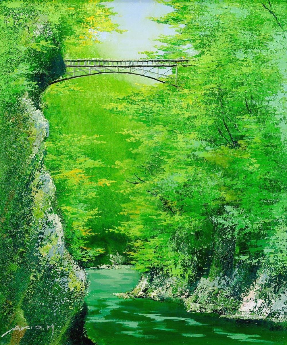 真作】【WISH】原田彰夫「黒部峡谷」油彩 8号 一枚の絵取扱作品 渓谷の