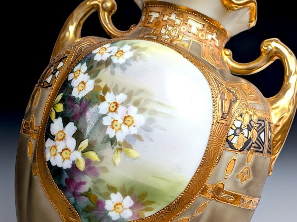 1911年～1921年 オールドノリタケ 金盛 山桜図紋 両耳花瓶