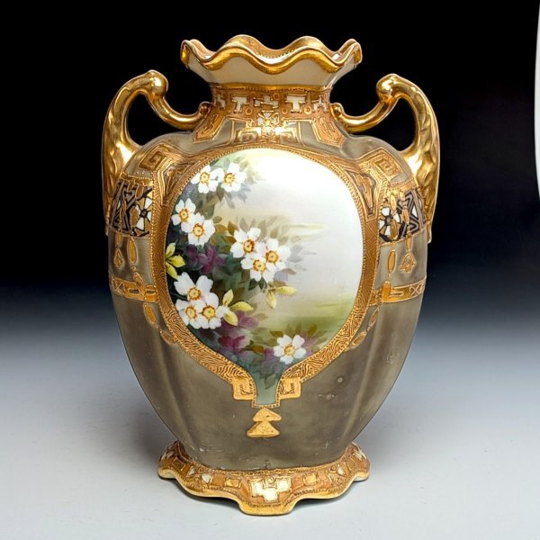 1911年～1921年 オールドノリタケ 金盛 山桜図紋 両耳花瓶
