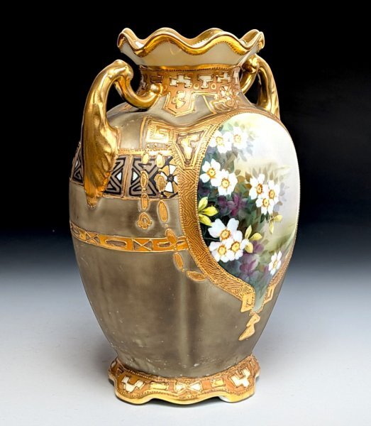 1911年～1921年 オールドノリタケ 金彩ポ雛芥子文両耳花瓶 #783 1911年～1921年 オールドノリタケ 金盛 山桜図紋 両耳花瓶