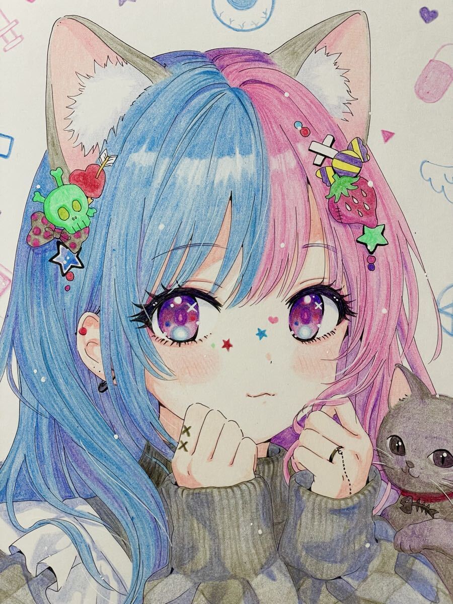 手描きイラスト「病みとバツ」地雷系 病みかわ かわいい 猫耳 女の子