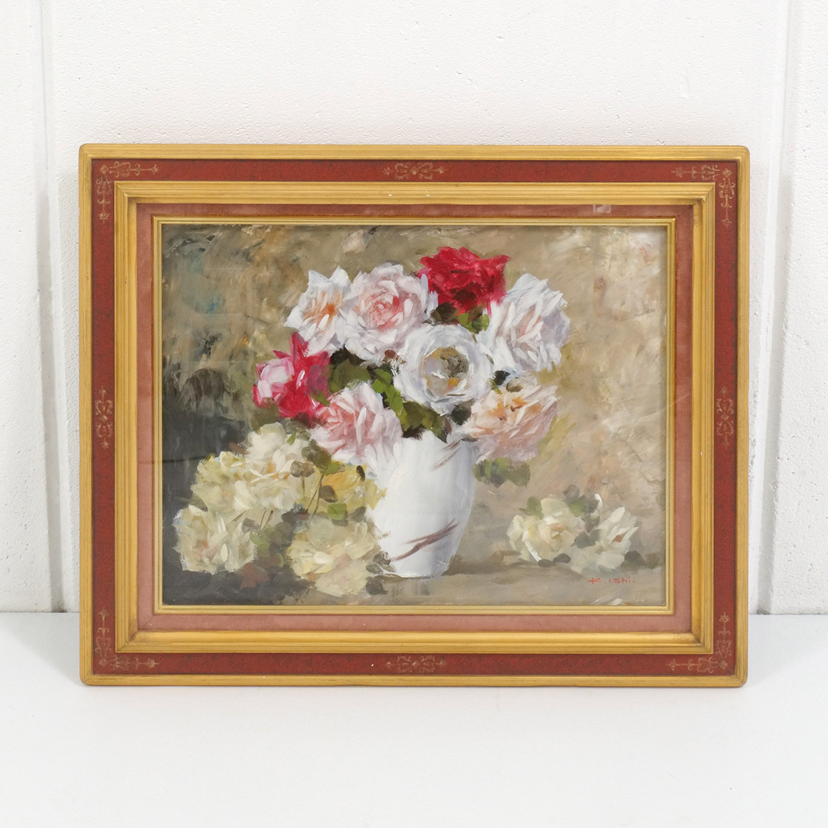 真作】『石井研一 薔薇』 額装 花の絵 バラ インテリアアート 油絵