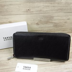 QQ793 タケオキクチ 定価2万2000円 新品 黒 ラウンドファスナー長財布 タンニンレザー 牛