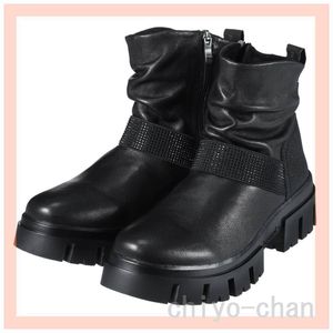 ブソラ はっ水山羊革 ラインストーンベルト ギャザーブーツ　ブラック　23.0センチ　30-7