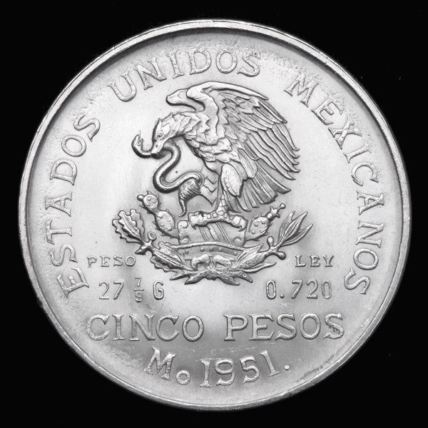 1円～☆質流れ☆メキシコ 5ペソ銀貨 イダルゴの横顔 1951年発行 純度72
