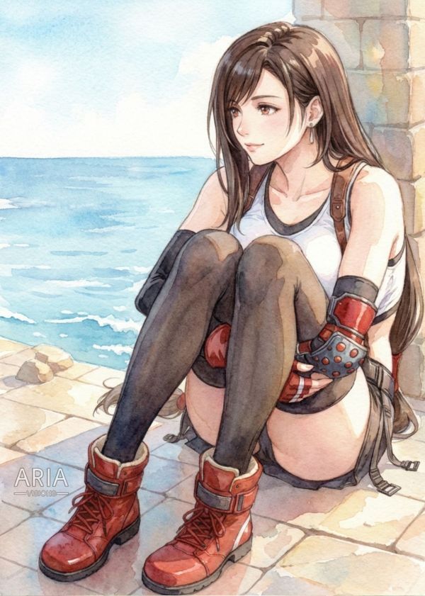 978【ファンアート】ファイナルファンタジー7 FF7 ティファ 海辺 格闘