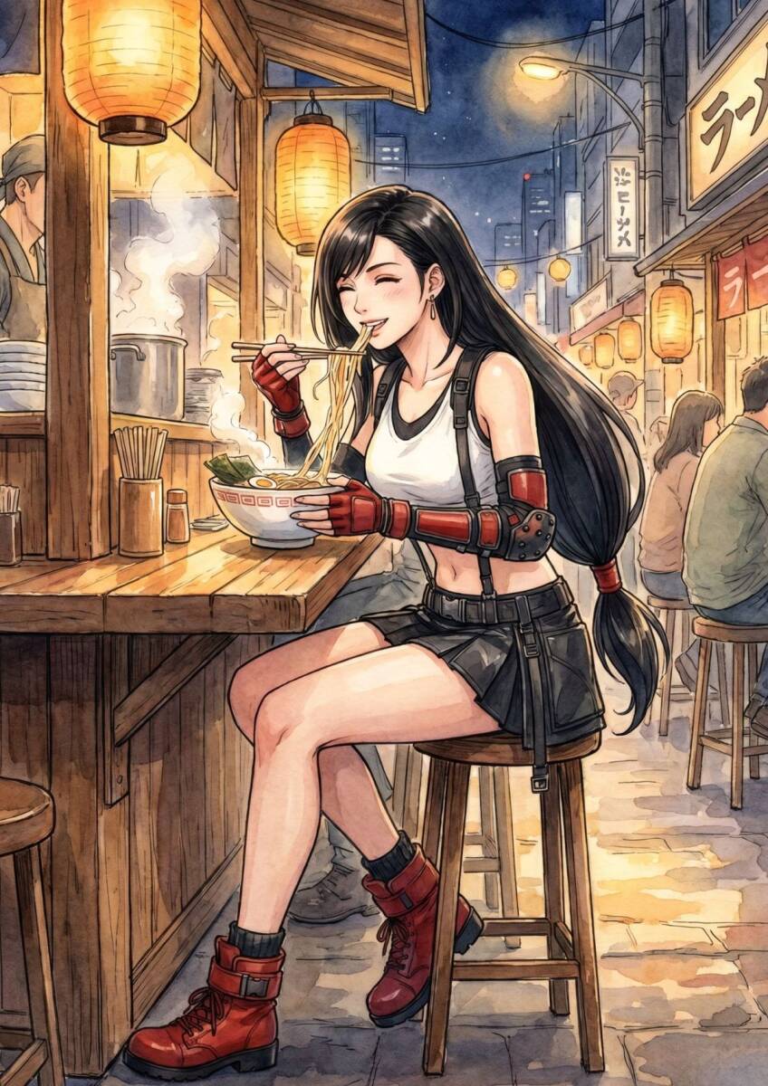 3413 FF7 ティファ 全身イラスト ラーメン屋台 ファンアート アート
