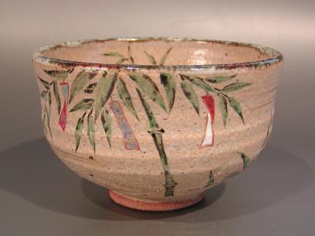 茶道具 抹茶茶碗 七夕（たなばた）絵、京焼 良二作 桐共箱□新品 抹茶