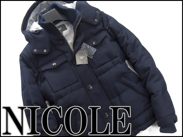 新品 NICOLE ニコル フード付ウールダウンジャケット46紺★21684