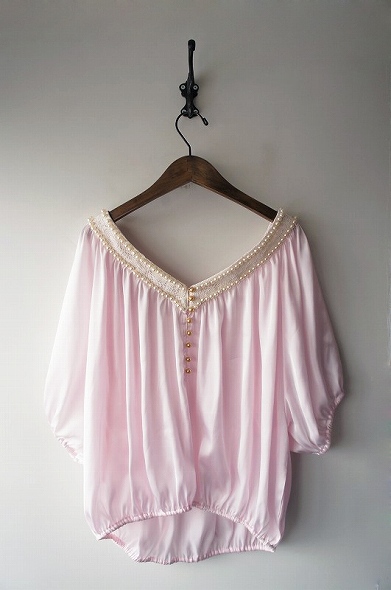 Lois CRAYON ロイスクレヨン パールレースサテントップスM*薄手