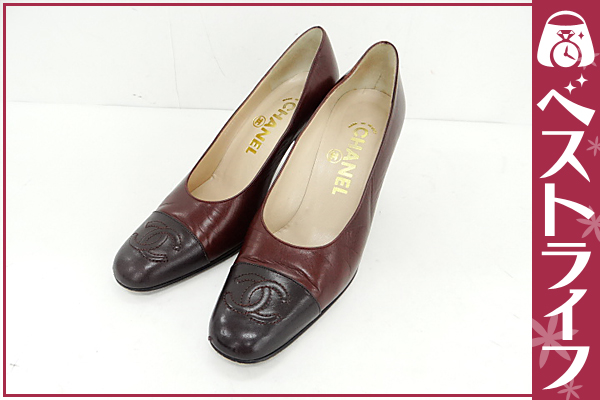 1円 本物 シャネル ヒール パンプス レザー 茶系 レディース