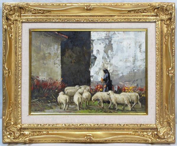 堀林弥　「帰って来た羊たち」　額装４号　精神性のある優品です