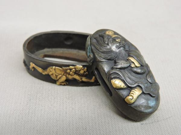 【刀装具 】 鍾馗・邪気図金象嵌入り　四分一縁・縁頭　箱無し