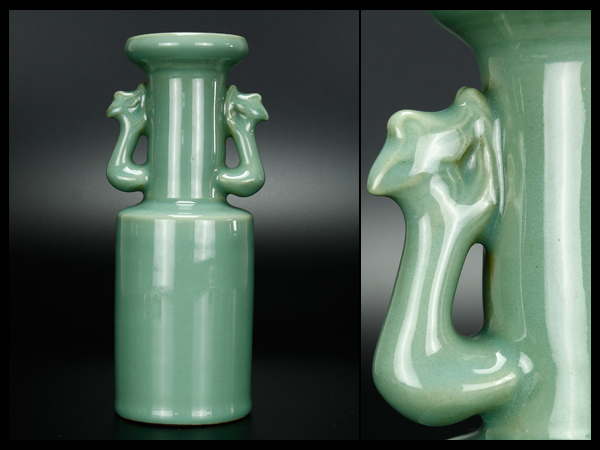 【流】古美術品 砧青磁 双耳花瓶 箱付 極上品 初出し品 CC158