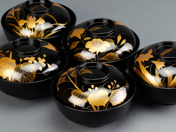 【流】茶懐石道具 時代黒塗絵替蒔絵極上吸物椀五客 ZCX215