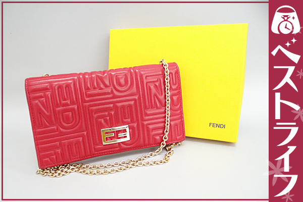 1円 本物 美品 フェンディ 赤系 チェーンウォレット 長財布
