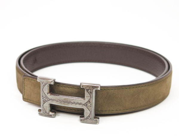 ★良品★エルメス リバーシブル Hベルト トゥアレグ カーキ/茶