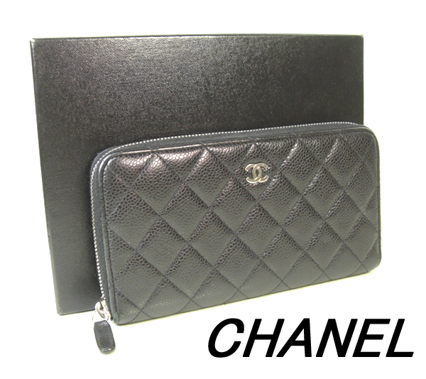 超美品/シャネルラウンドファスナー長財布/キャビアスキン黒x417