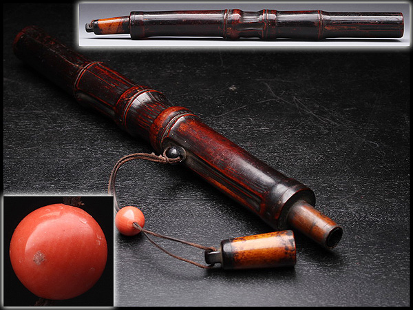 AN515 古竹火薬入・竹火藥入・竹煙硝入 珊瑚緒締☆武具火縄銃具