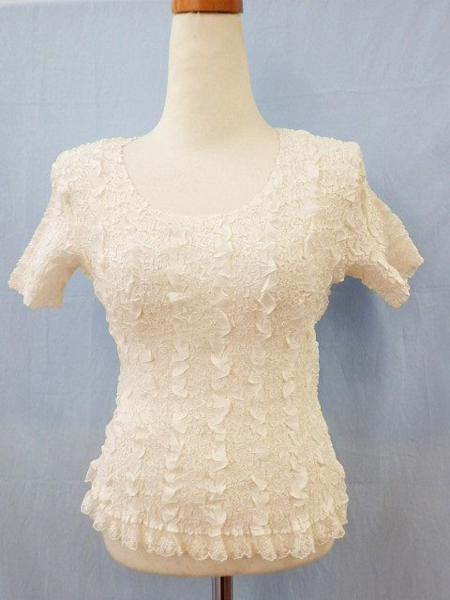 YUKI TORII★美品★シワ加工 裾レース 半袖トップス 40 白 F394