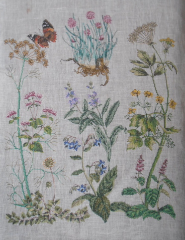 宿根草10種　刺繍　67ｘ55ｃｍ　素朴な花　ボタニカルアート風