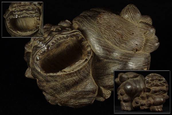 【飛】唐物　時代　唐木?　細密彫り獅子香炉/煎茶/香道具