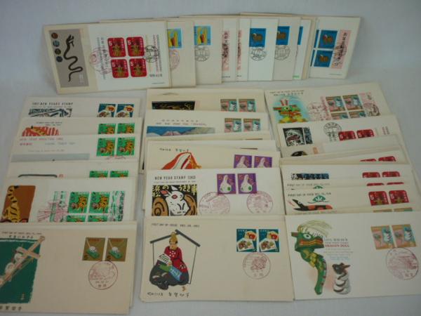 ◎V-6831 FDC 年賀切手 昭和35～42年用 赤べこ他 初日カバー52枚