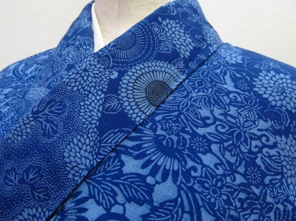 ★着物10★ 1円 絹 紬 藍染 菊 袷小紋 ☆☆☆☆