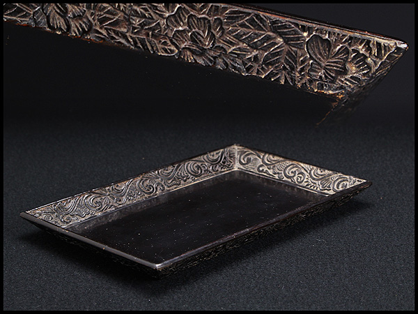 BN327 彫漆花唐草文香盆・香炉盆・長方盆☆古玩香道具香具老漆器