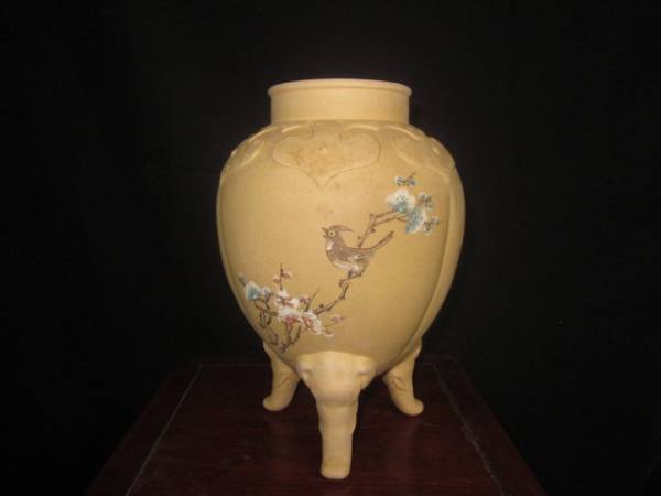 中国宜興、複数款、段泥像面脚漢詩花鳥竹葉図刻花瓶。