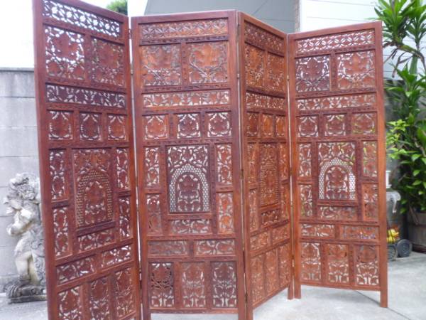 オールドチーク製 古いパーテーション アジアン家具 折畳衝立